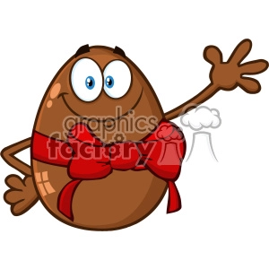 10982 Royalty Free RF Clipart Smiling Chocolate Egg Cartoon Mascot Character With A Red Ribbon And Bow Waving For Greeting Vector Illustration
