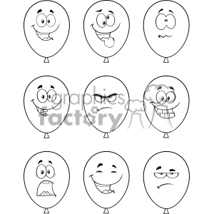 10765 Royalty Free RF Clipart Black And White Balloons Cartoon Mascot Character With Expressions Set Vector Illustration