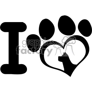 10713 Royalty Free RF Clipart I Love With Black Heart Paw Print With Claws And Dog Head Silhouette Logo Design Vector Illustration