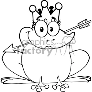 10657 Royalty Free RF Clipart Black And White Princess Frog Cartoon Mascot Character With Crown And Arrow Vector Illustration