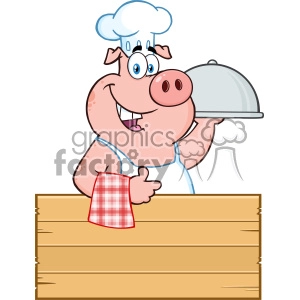The clipart image features a cartoon pig chef wearing a white chef's hat and a blue apron. The cheerful pig is standing behind a wooden counter and holding a covered silver platter in one hand, with a thumb up gesture with the other hand. A red and white checkered napkin is tucked into the front of the apron. The wooden counter has a blank sign, providing a space where text could be added.