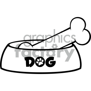 Royalty Free RF Clipart Illustration Black And White Dog Bowl With Bone Drawing Simple Design Vector Illustration Isolated On White Background