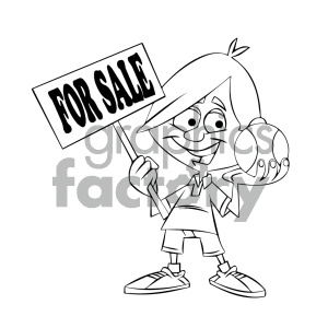 black and white cartoon kid holding a baseball for sale