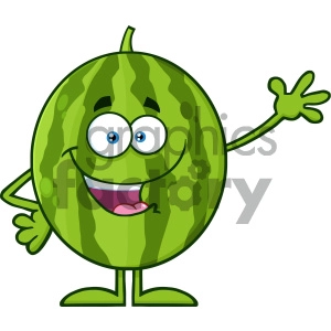 Royalty Free RF Clipart Illustration Happy Green Watermelon Fruit Cartoon Mascot Character Waving For Greeting Vector Illustration Isolated On White Background