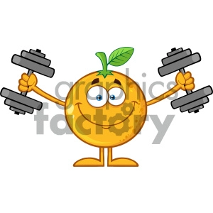 Royalty Free RF Clipart Illustration Smiling Orange Fruit Cartoon Mascot Character Working out with Dumbbells Vector Illustration Isolated On White Background