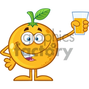 Royalty Free RF Clipart Illustration Orange Fruit Cartoon Mascot Character Presenting And Holding Up A Glass Of Juice Vector Illustration Isolated On White Background