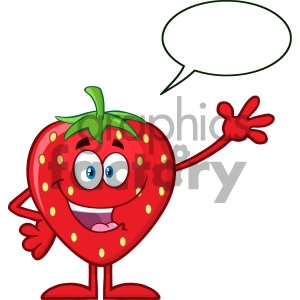 Royalty Free RF Clipart Illustration Happy Strawberry Fruit Cartoon Mascot Character Waving For Greeting With Speech Bubble Vector Illustration Isolated On White Background