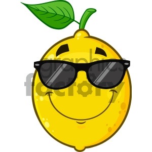 Royalty Free RF Clipart Illustration Smiling Yellow Lemon Fruit Cartoon Emoji Face Character With Sunglasses Vector Illustration Isolated On White Background