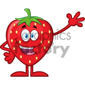 Royalty Free RF Clipart Illustration Happy Strawberry Fruit Cartoon Mascot Character Waving For Greeting Vector Illustration Isolated On White Background