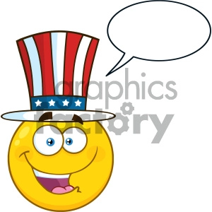 Royalty Free RF Clipart Illustration Happy Patriotic Yellow Cartoon Emoji Face Character Wearing A USA Hat Vector Illustration Isolated On White Background With Speech Bubble