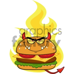 Angry Devil Burger Cartoon Character Over Flames Vector Illustration Isolated On White Background