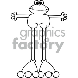 This clipart image contains a cartoon drawing of a frog with an exaggerated body shape. The frog is characterized by its large eyes, elongated limbs, and oversized feet with distinct toes.
