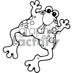 The image is a black and white clipart illustration of a cartoonish frog. The frog appears to be mid-leap with its limbs splayed out. It has large, bulging eyes and a playful, exaggerated expression.