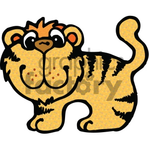 The clipart image is of a cartoon tiger. It features a simplified depiction of a tiger with a playful design. The tiger is orange with black stripes, adorned with dots within the colored areas and has a friendly, animated facial expression.