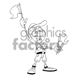 black and white cartoon boy scout character holding flags