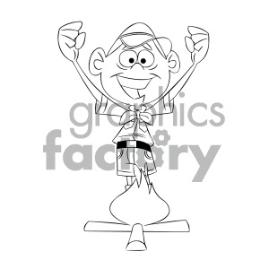 black and white cartoon boy scout character starting a fire