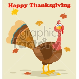Thanksgiving Turkey Bird Cartoon Mascot Character Vector Illustration Flat Design With Background Autumn Leaves And Text Happy Thanksgiving