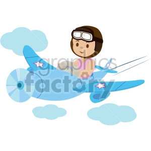 The clipart image shows a cartoon girl who is flying an airplane. The girl is a child and appears to be enjoying her experience. The airplane she is piloting has a propeller on the front and wings on either side. The overall tone of the image is playful and adventurous, with bright colors and friendly, exaggerated features.

