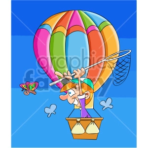 cartoon man in a hot air balloon catching butterflies