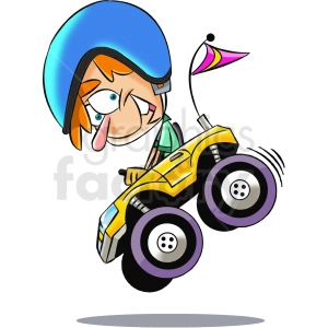 The clipart image shows a cartoon monster truck, which is a large 4x4 vehicle typically used for off-road events. The truck has oversized wheels and is driven by a male character who appears to be wearing a helmet. The driver seems to be depicted as a tough guy or daredevil type of character.

