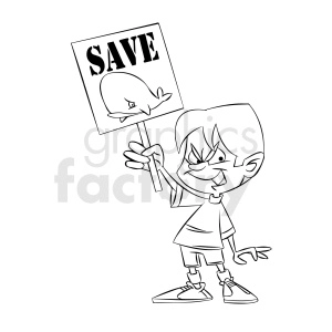 black and white cartoon protestor protesting to save the whales