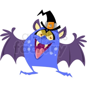 The clipart image depicts a cute and cartoonish Halloween bat monster with large pointy ears, sharp teeth, red eyes, and wings spread wide open. It is flying in mid-air, as indicated by the swooping lines beneath it.
