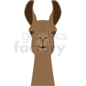 The clipart image shows the head of a llama, an animal closely related to camels and commonly found in South America. The llama's face is depicted from the front with its large eyes, long neck, curved ears, and fluffy cheeks visible, and there is no background in the image.
