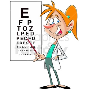 The clipart image shows a cartoon female doctor, likely an optometrist or eye specialist, holding up a vision chart in front of a patient. The patient, who is not visible in the image, is presumably being asked to read the letters on the chart. The doctor is depicted as a young woman with brown hair and wearing a white lab coat.
