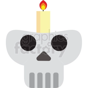 The clipart image shows a skull decorated in a Day of the Dead style, with a lit candle on top of its head. The skull has a prominent jawbone and is often associated with Halloween and skeletons.
