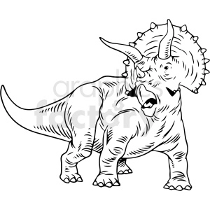 The clipart image depicts a black and white vector illustration of a Triceratops dinosaur, a herbivorous creature known for its three horns on its head, frilled neck, and bony armor. The image shows the dinosaur standing upright with its head tilted slightly to the right, looking forward.
