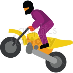 The clipart image shows a simplified illustration of a dirt bike motorcycle commonly used for off-road adventures or motocross racing. The image features a rider in full gear on the bike, with the front wheel lifted off the ground to indicate movement and excitement.
