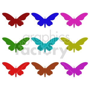 This image shows 9 butterfly silhouettes in varying colors including  red, blue, pink, green, cyan, pink and brown