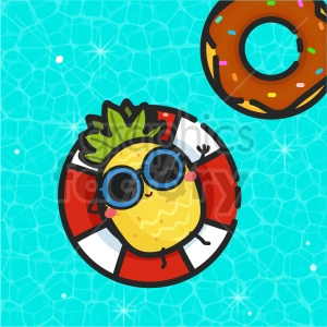 The clipart image depicts a pineapple wearing sunglasses and a hat, with its green top serving as the hat. The pineapple appears to be lounging on a floaty in a swimming pool. The image represents the idea of enjoying a summertime vacation or leisure activities while also incorporating a tropical food item, the pineapple.
