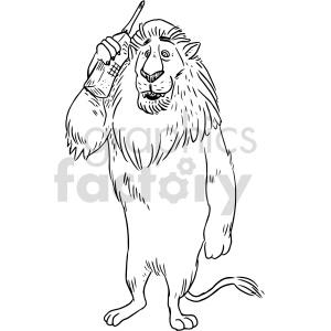 The image shows a cartoon-style drawing of a lion standing upright and holding a cellphone to its ear with its right paw.