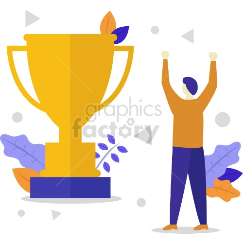 The clipart image depicts a person raising a trophy in celebration, surrounded by confetti. It likely represents the concept of winning, being a winner, or achieving success in a contest or competition.
