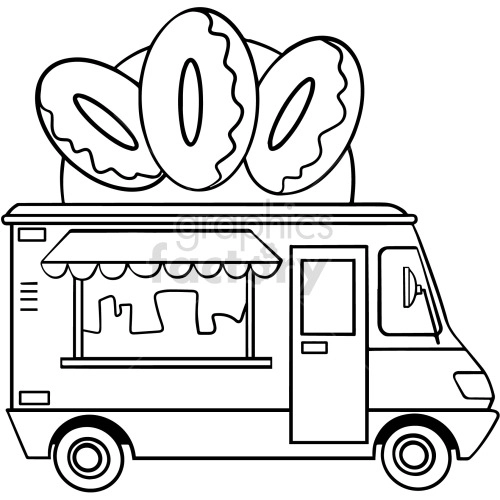 The clipart image depicts a black and white cartoon-style food truck that sells donuts. The food truck has the shape of a large donut with windows on the side where customers can order and receive their food. It is parked on a street or parking lot, suggesting that it is a mobile restaurant.
