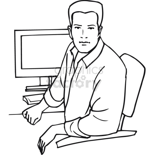 man sitting at computer desk black white