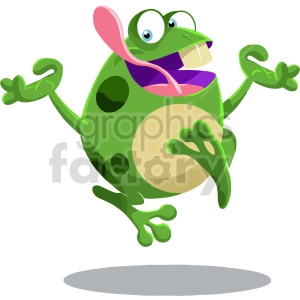 The clipart image shows a cartoon frog, a green amphibian with bulging eyes and a wide smile. It is depicted in a excited posture, with its hind legs slightly bent and its front legs held up as if it were about to jump or catch something. The image is stylized with vibrant flat colors, typical of cartoon drawings.
