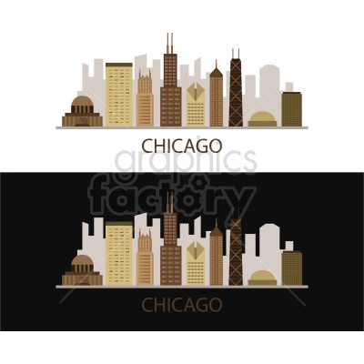 The clipart image shows an illustrated depiction of the Chicago city skyline. It features several prominent buildings including the Willis Tower (formerly Sears Tower), the John Hancock Center, and the Aon Center. The skyline is set against a blue sky with clouds, and the foreground includes a body of water, likely Lake Michigan, and some greenery.
