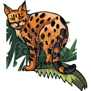 This image is a cartoon of a spotted lynx cat sitting in front of a plant. It is looking over its left shoulder, as if its looking back at you