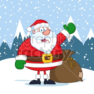 Happy Santa Claus Cartoon Mascot Character Waving Vector Illustration Over Winter Background