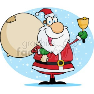 Santa holding a big bag of Christmas gifts and ringing a golden bell
