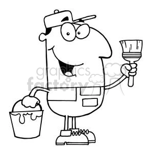 A union painter in a line art style drawing. He has a paint can in one hand, and a brush in the other. 