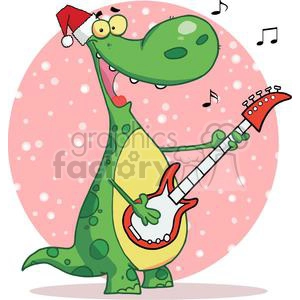 Dinosaur Plays Guitar and Singing with Santa Hat with a Pink Sphere with Snow Falling in Background