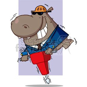 The clipart image features a cartoon character that resembles a hippopotamus wearing a blue blazer, a white shirt with a striped tie, orange pants, and an orange construction hard hat. The character is also wearing sunglasses and is carrying a briefcase. It appears to be in motion or dancing, with lines indicating movement and a joyful expression on its face, revealing large teeth.