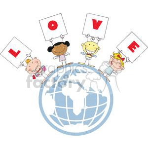 Different Nationalities Stick Cupids Group with Banners Love on World