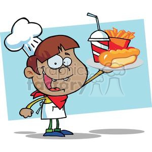 A African American Boy Chef Holding Up A Hot Dog Drink And French Fries In Front Of A Blue Background