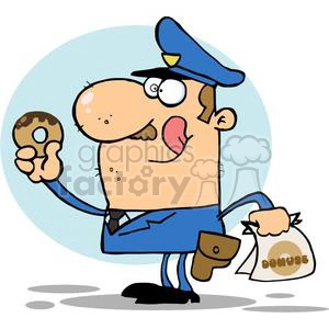 Happy Police Officer Eating Donut With A Bag of Dounuts In His Hand