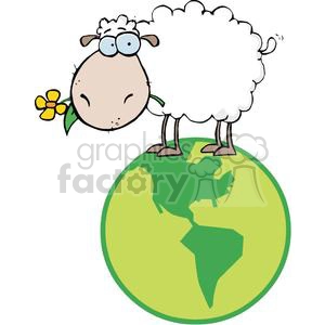 The image depicts a cartoon sheep standing on a globe, holding a yellow flower in its mouth. The sheep has a fluffy white body, a tan face, and is wearing glasses.