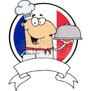 Cartoon Male Chef Serving Food In A Sliver Platter In Front Of Flag Of France Banner